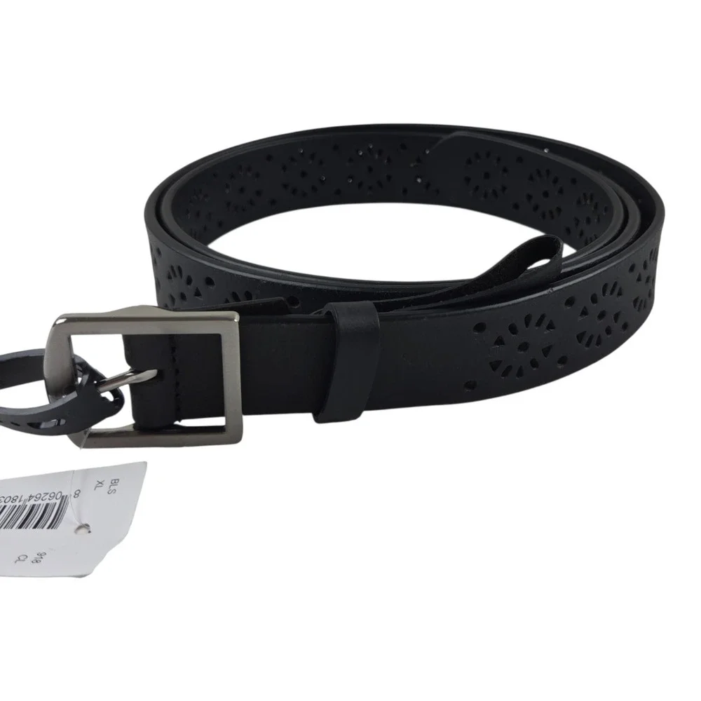 NWT Black Perforated Leather Belt Floral Festival XL Boho Silver Tone Buckle